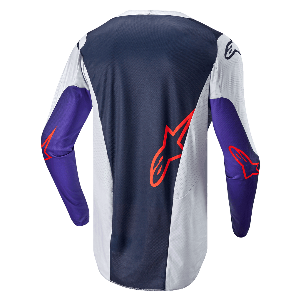 Alpinestars 2024 Racer Hoen-tröja, motocrosströja, sedd bakifrån, mörkblå och ljusgrå med lila ärmar, orangea Alpinestars-logotyper, tekniskt meshtyg för prestanda vid terrängkörning