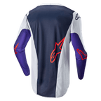Alpinestars 2024 Racer Hoen-tröja, motocrosströja, sedd bakifrån, mörkblå och ljusgrå med lila ärmar, orangea Alpinestars-logotyper, tekniskt meshtyg för prestanda vid terrängkörning