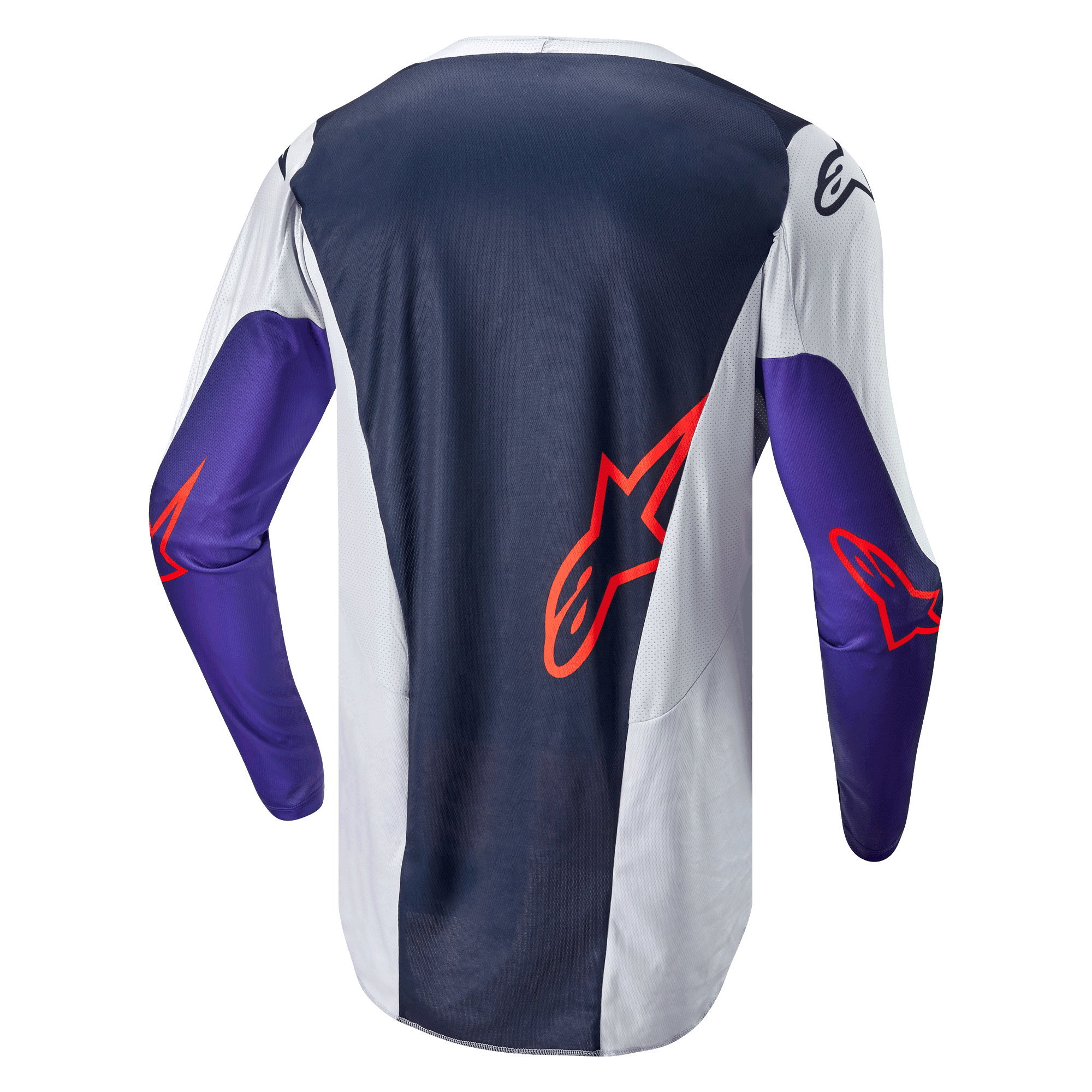 Alpinestars 2024 Racer Hoen-tröja, motocrosströja, sedd bakifrån, mörkblå och ljusgrå med lila ärmar, orangea Alpinestars-logotyper, tekniskt meshtyg för prestanda vid terrängkörning
