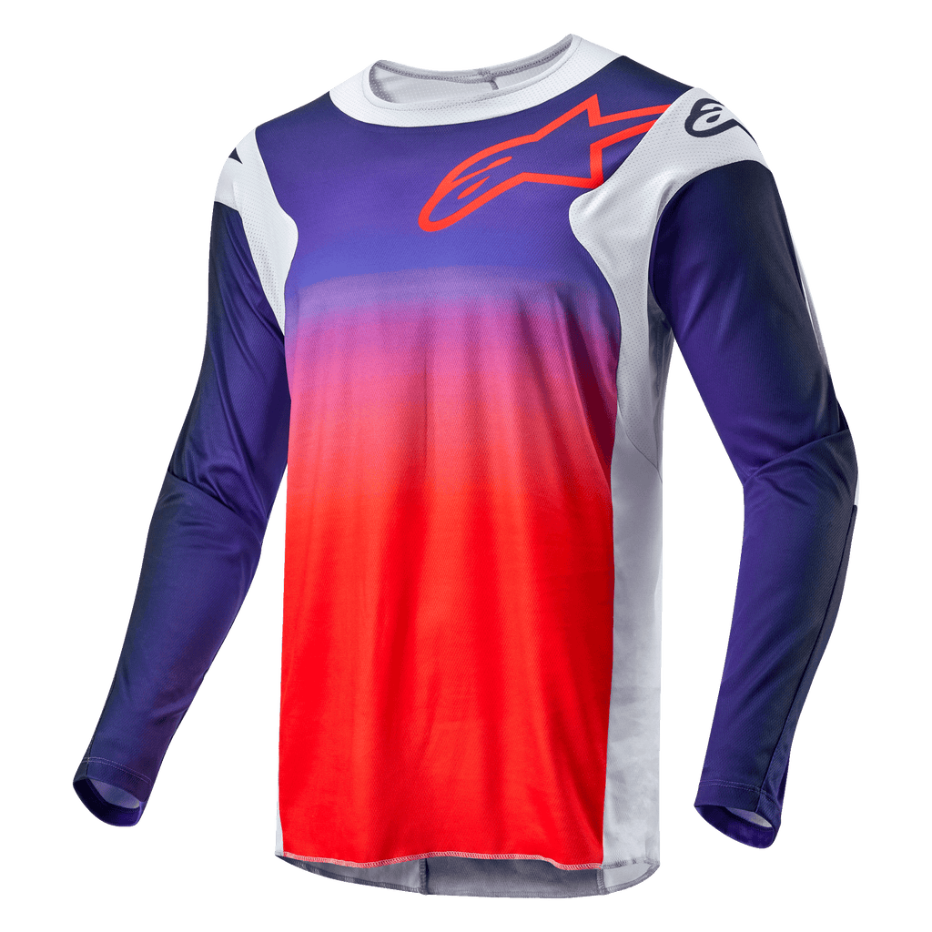 Alpinestars 2024 Racer Hoen tröja, motocrosströja, färgövergång från marinblått till stark orange med ljusgrå sidopaneler, röd kontur av Alpinestars-logotypen på bröstet, tekniskt långärmat plagg för terrängkörning