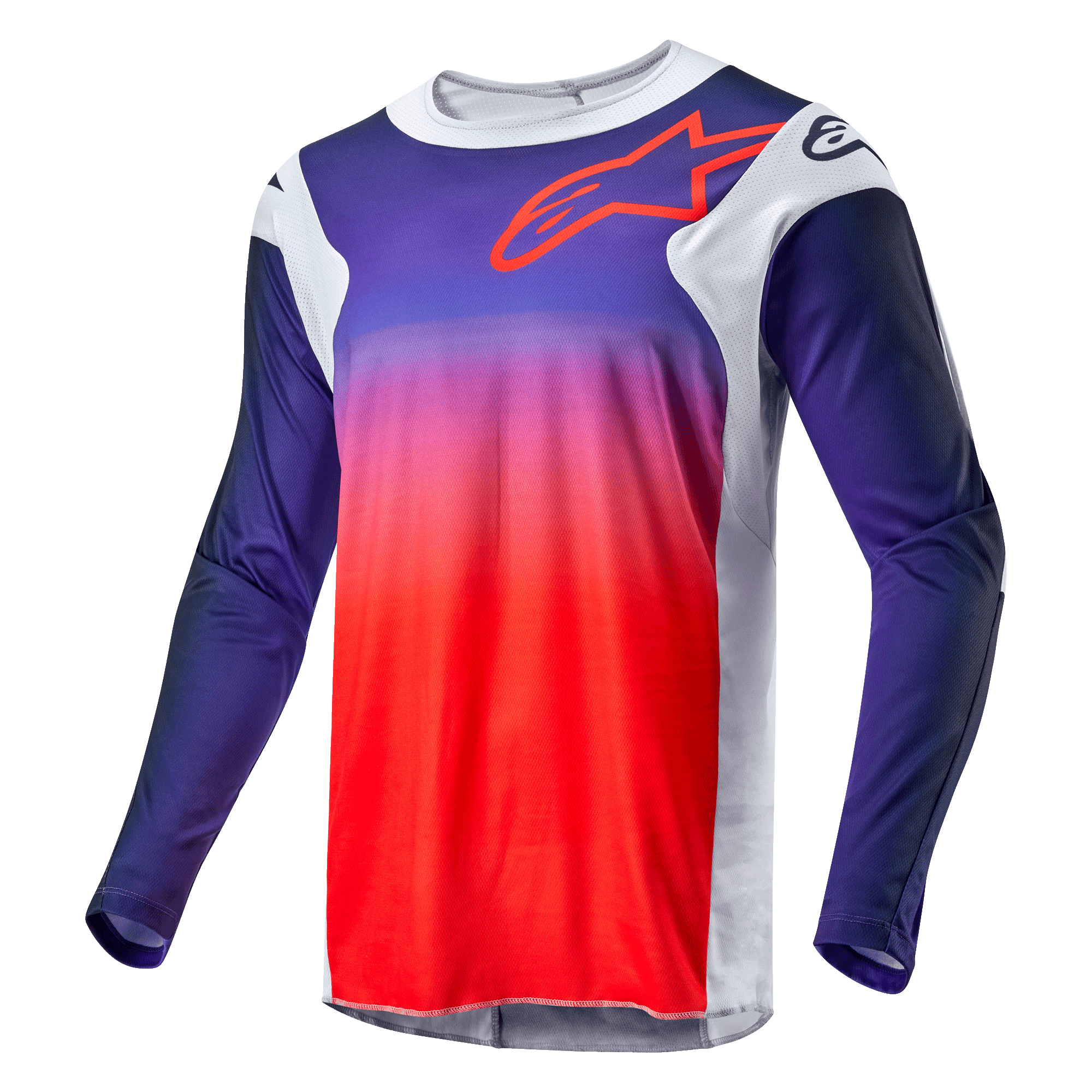 Alpinestars 2024 Racer Hoen tröja, motocrosströja, färgövergång från marinblått till stark orange med ljusgrå sidopaneler, röd kontur av Alpinestars-logotypen på bröstet, tekniskt långärmat plagg för terrängkörning
