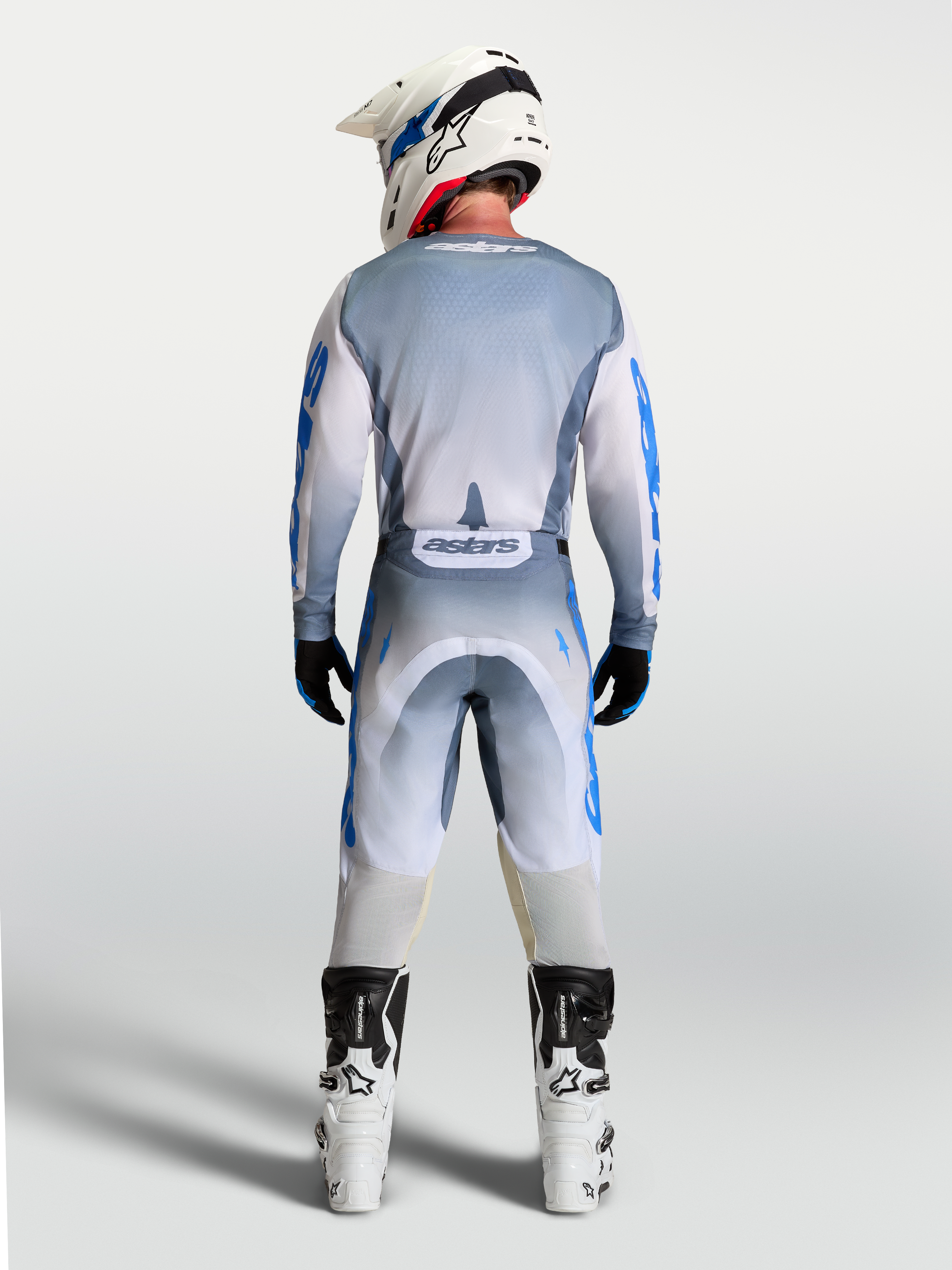 Alpinestars Racer Amber Jersey, Men's Motocross gear in Gray and Blue, showing a full rear-view on model.