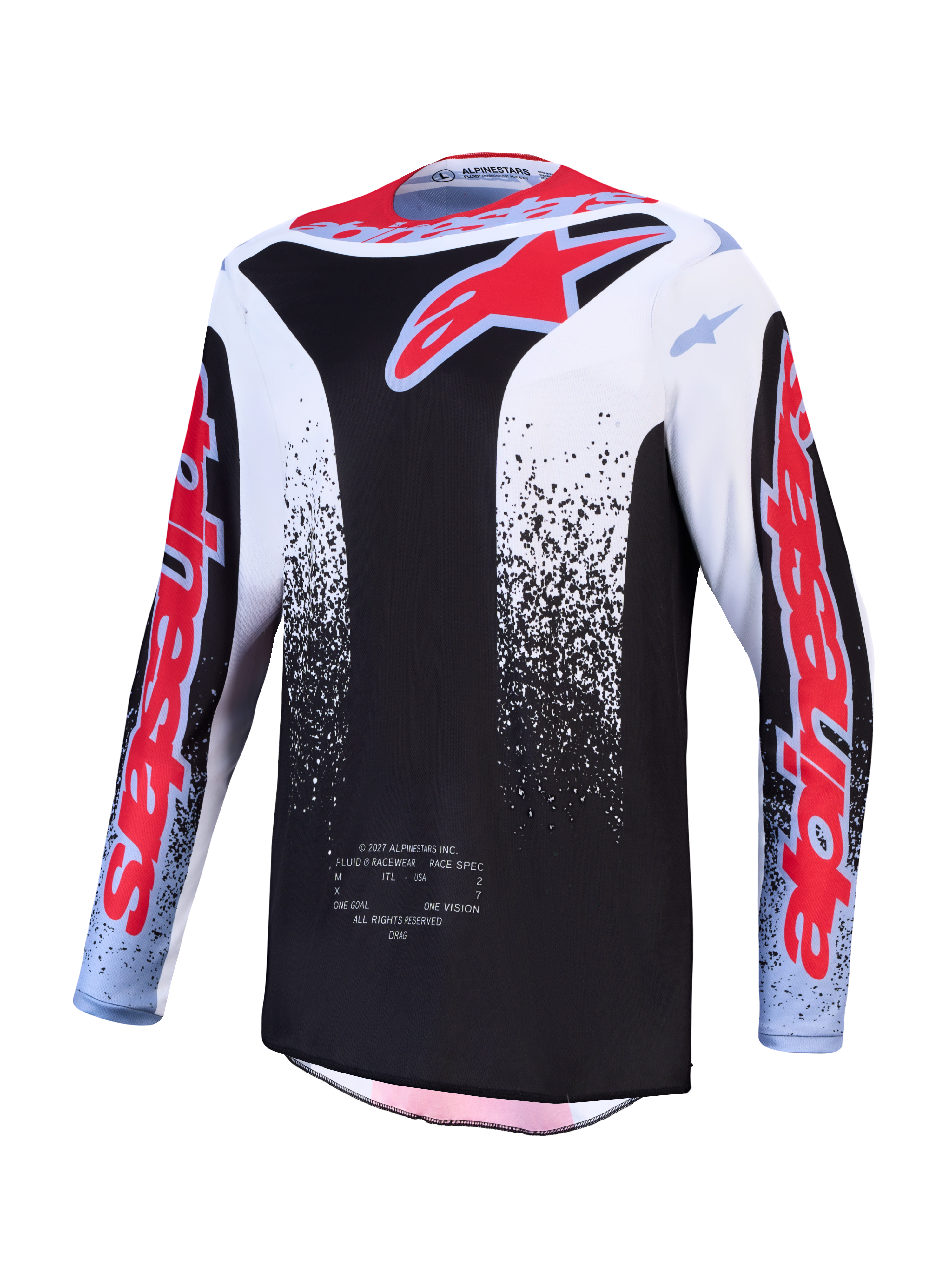Alpinestars 2027 Fluid Drag tröja, svart och vit motocrosströja för herrar med röd grafik och fukttransporterande tyg.