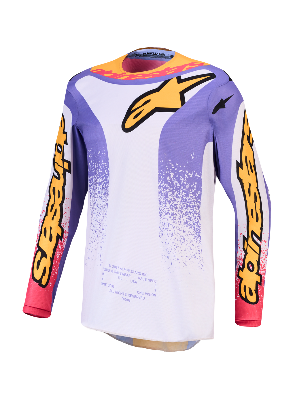 Alpinestars Fluid Drag motocrosströja för herr, ljuslila och blå iris med gula detaljer, fuktavledande polytyg