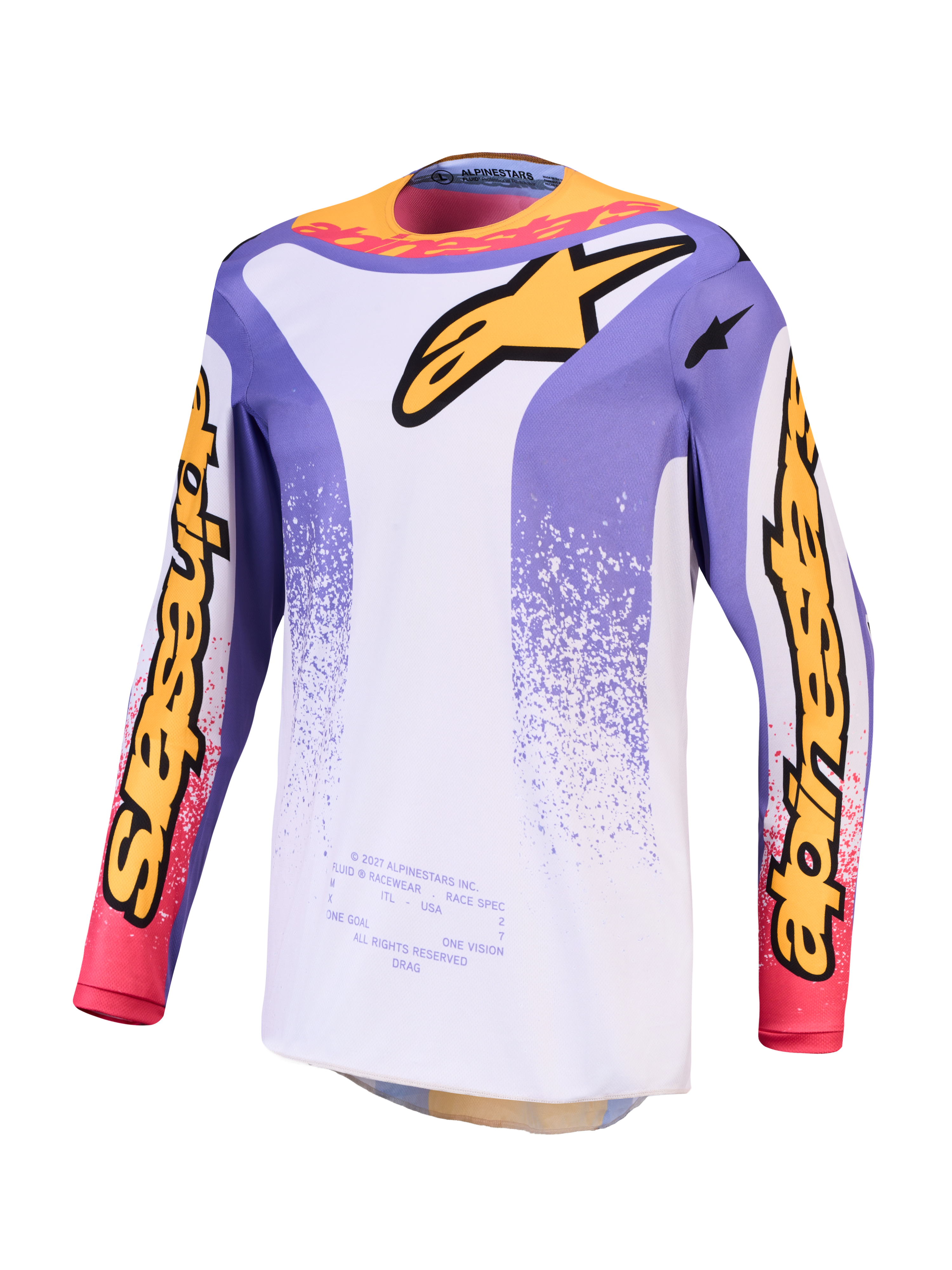 Alpinestars Fluid Drag motocrosströja för herr, ljuslila och blå iris med gula detaljer, fuktavledande polytyg