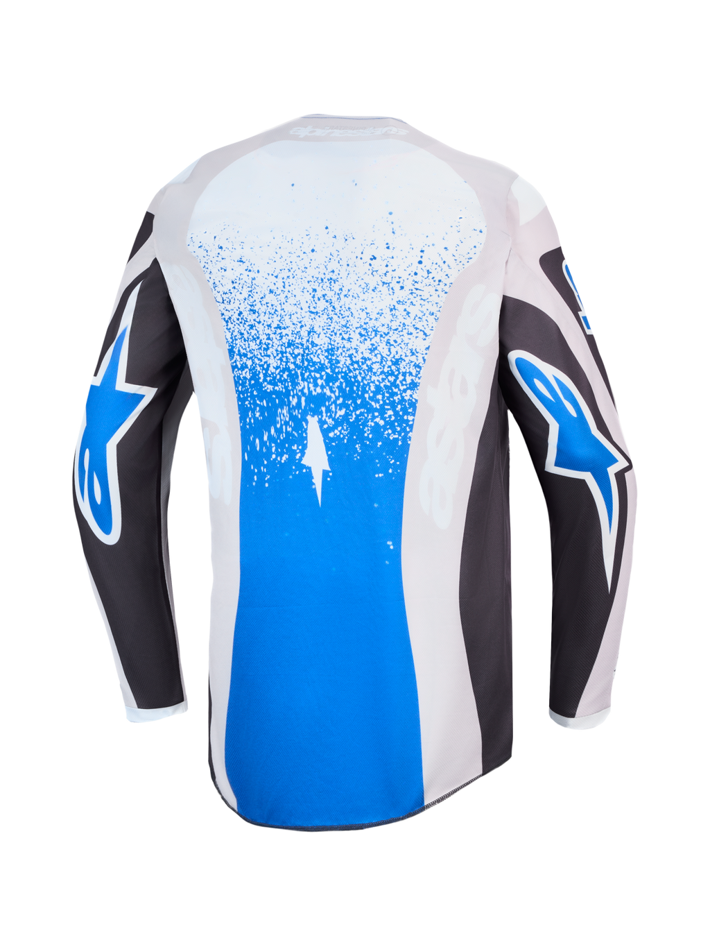 Alpinestars Fluid Drag tröja, blå och grå motocrosströja, vy bakifrån med stänkgrafik och stjärnlogotyper.