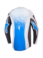 Alpinestars Fluid Drag tröja, blå och grå motocrosströja, vy bakifrån med stänkgrafik och stjärnlogotyper.