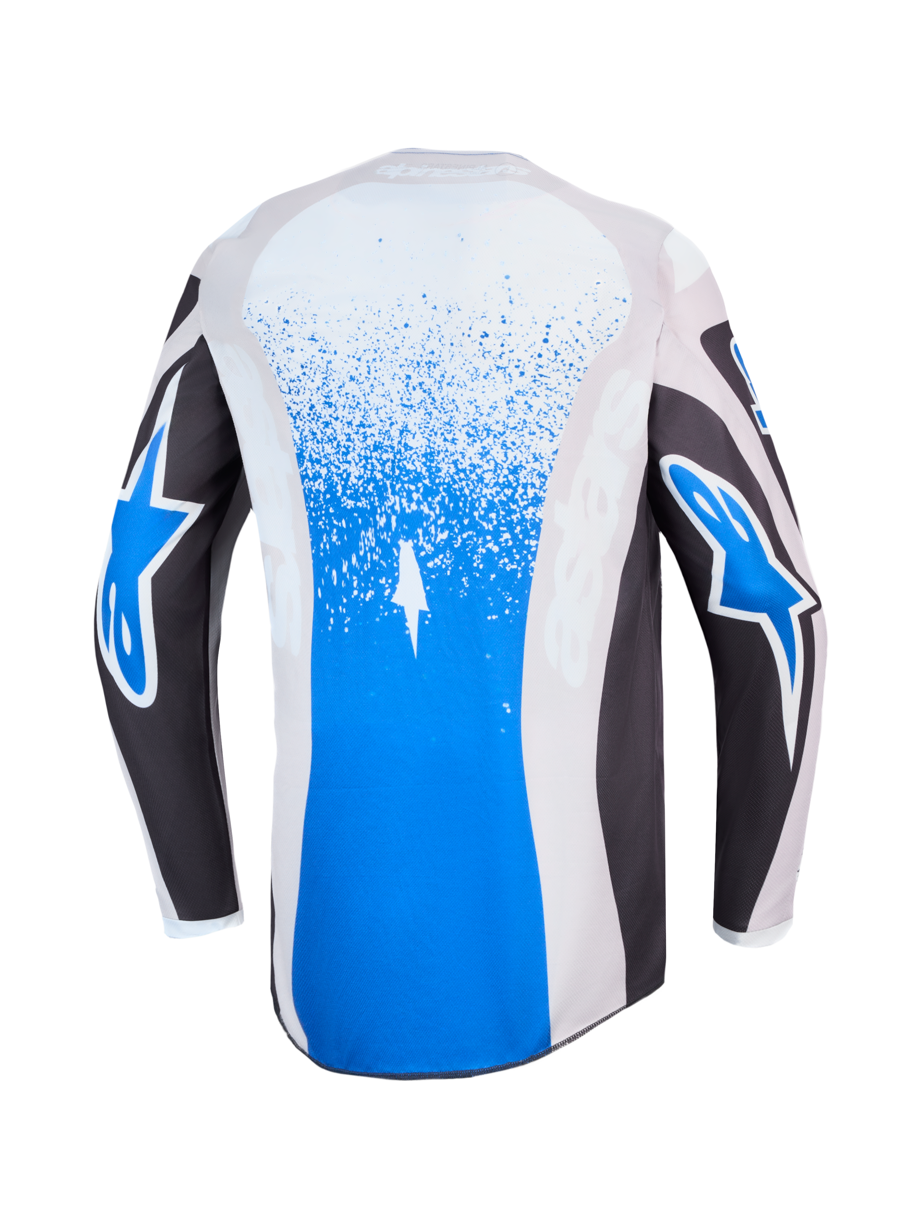Alpinestars Fluid Drag tröja, blå och grå motocrosströja, vy bakifrån med stänkgrafik och stjärnlogotyper.
