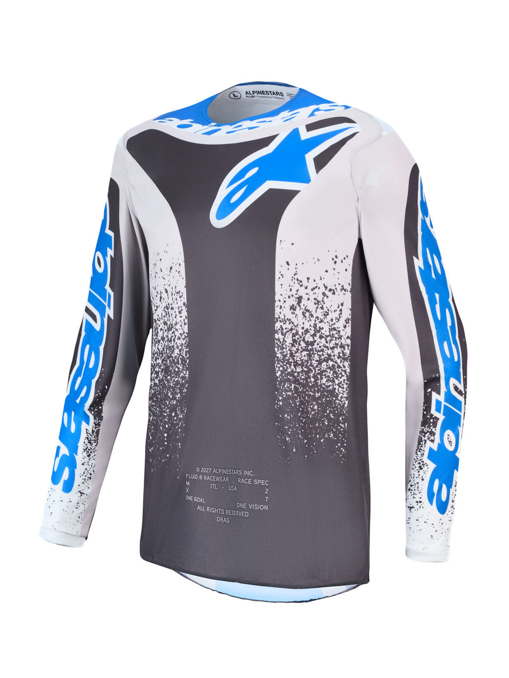 Alpinestars Fluid Drag tröja, grå och blå motocrosströja för herrar, fukttransporterande polyfabrikskonstruktion.