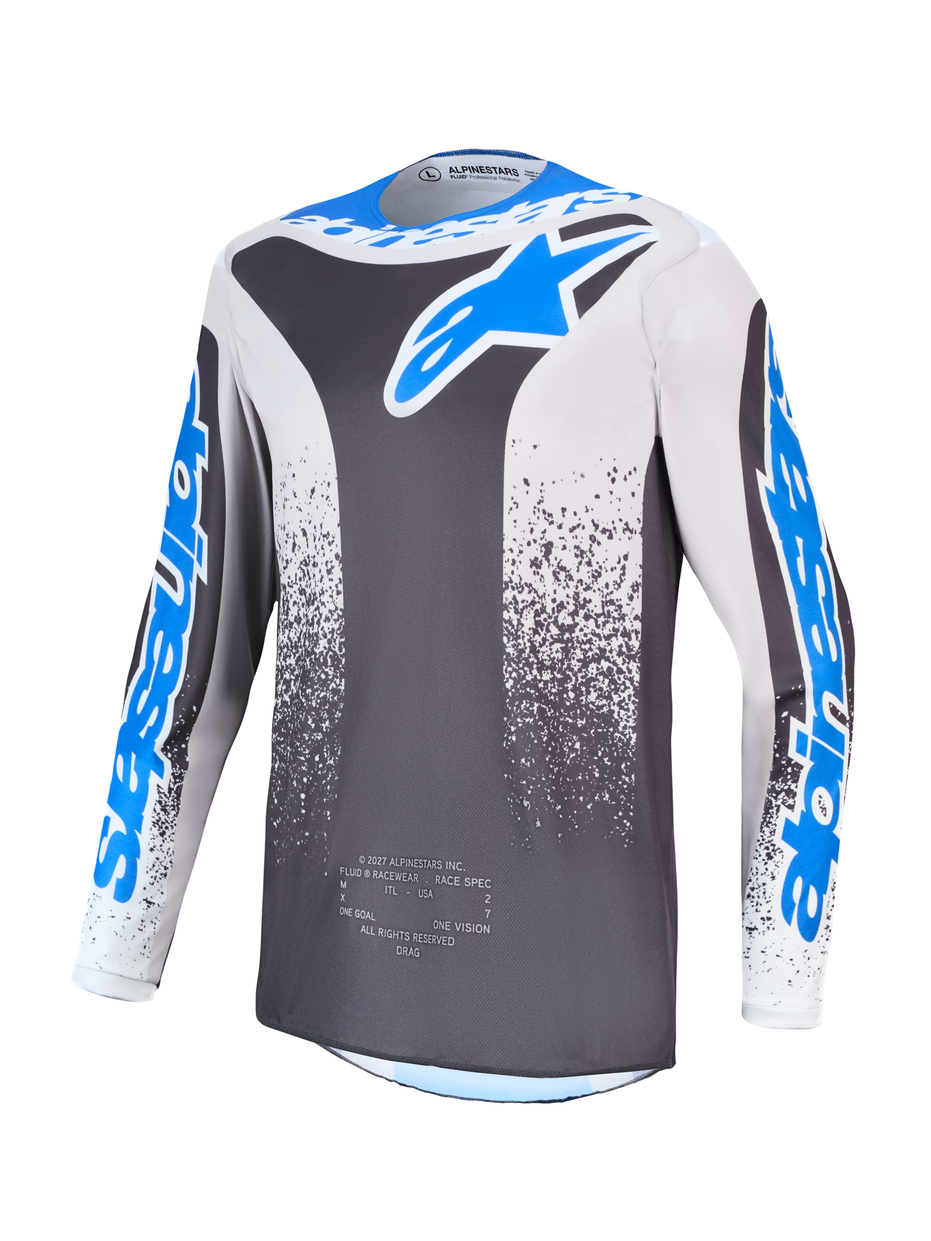 Alpinestars Fluid Drag tröja, grå och blå motocrosströja för herrar, fukttransporterande polyfabrikskonstruktion.