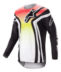 Alpinestars 2023 Racer Semi Jersey, Motocross Long-Sleeve Jersey, Black and Multicolor with Red, Yellow, and White gradient, bold chest logo and white sleeve stripes, lightweight moisture-wicking fabric for off-road performance