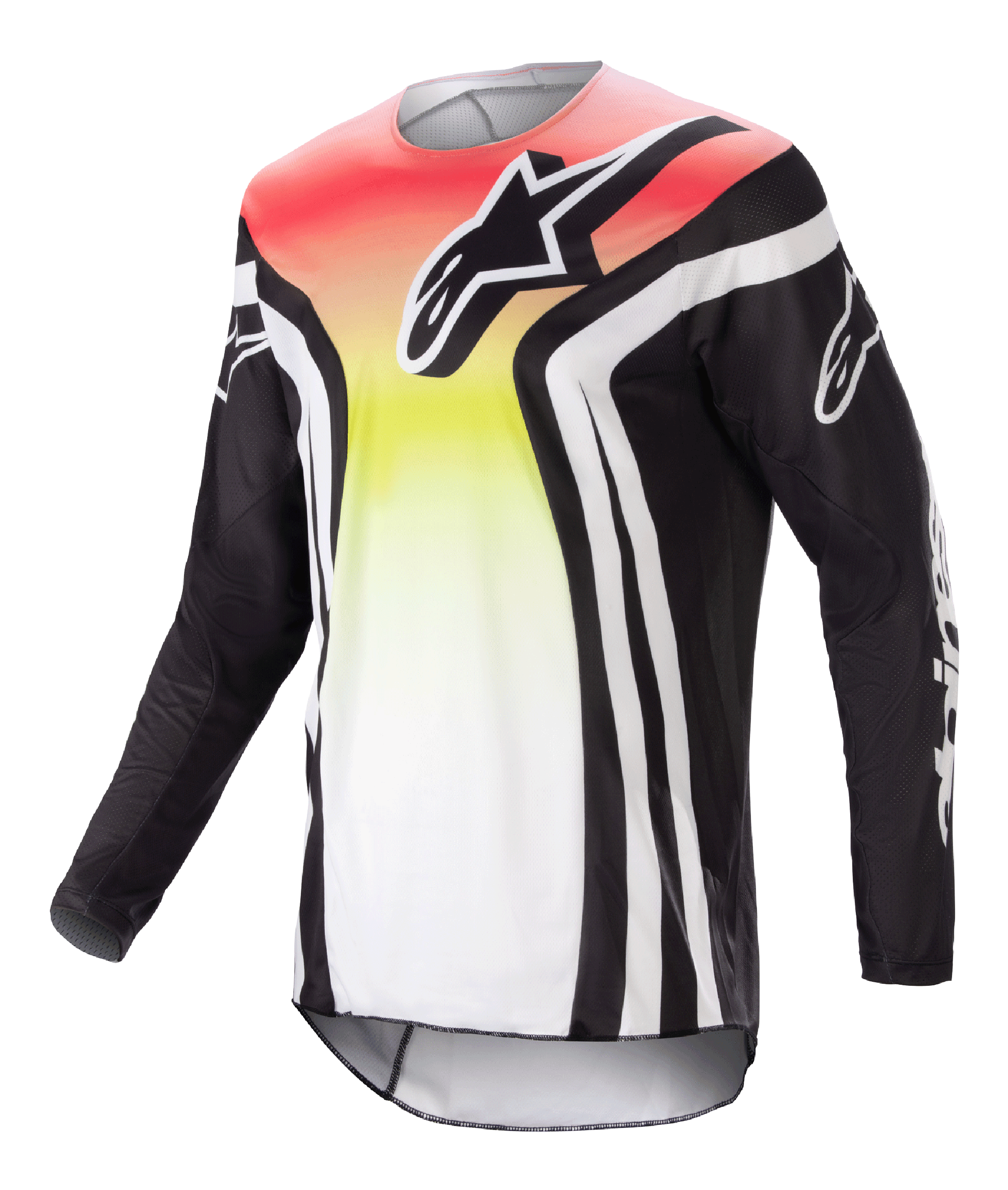 Alpinestars 2023 Racer Semi tröja, långärmad motocrosströja, svart och flerfärgad med röd, gul och vit gradient, tydlig logotyp på bröstet och vita ränder på ärmarna, lätt fuktavledande material för terrängkörning