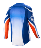 Alpinestars 2023 Racer Semi tröja, motocrosströja, blå, Hot Orange och vit, vy bakifrån som visar mittpanel med färgövergång från blått till vitt, orangea ärmdetaljer med vit logotyp och förlängt ryggparti för terrängkörning