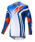 Alpinestars 2023 Racer Semi Jersey, långärmad motocrosströja, blå och vit gradient med Hot Orange-detaljer, stor orange Alpinestars-logotyp på bröstet, tydliga vita vertikala ränder på sidorna, lätt fuktavledande material för terrängkörning