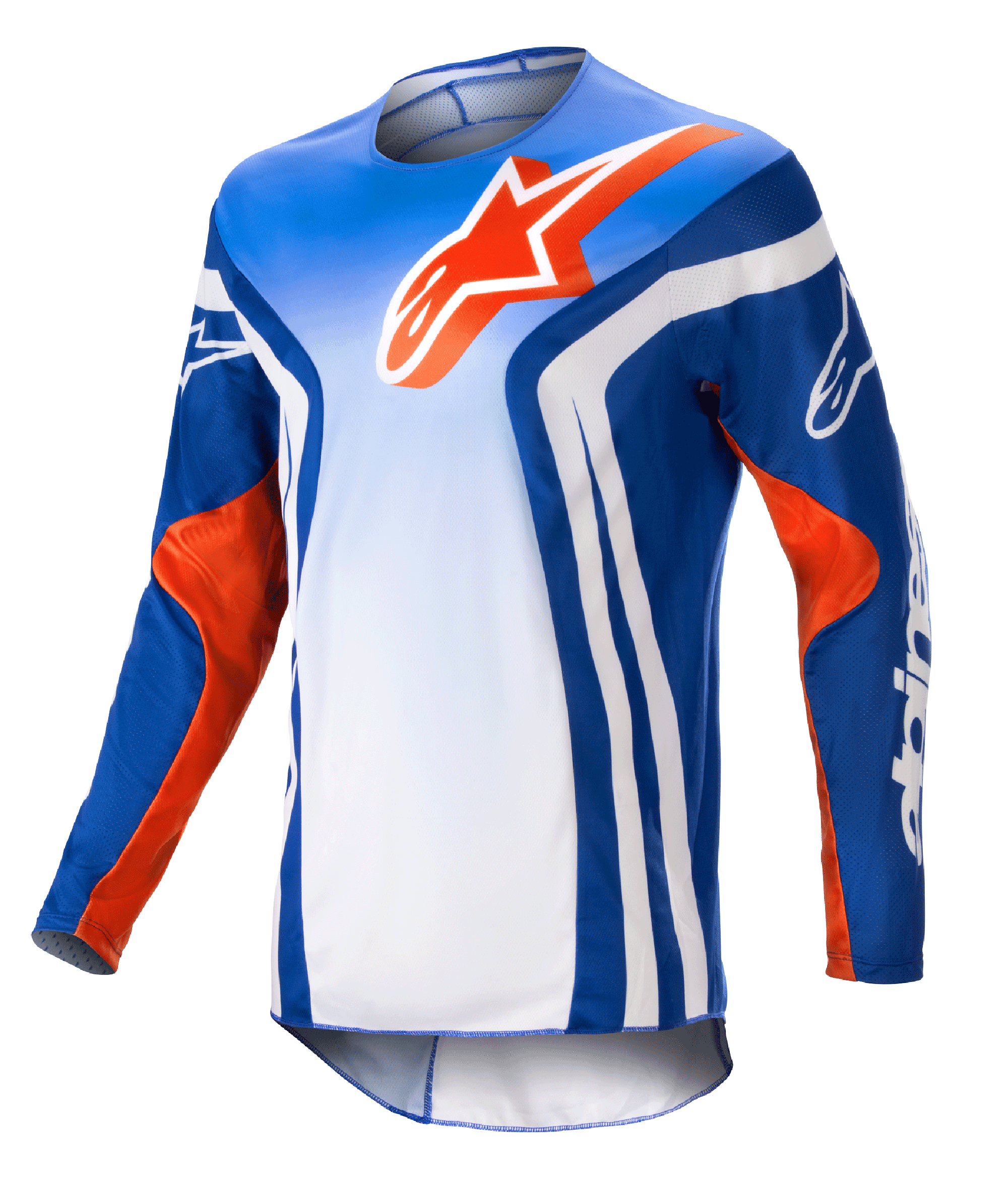 Alpinestars 2023 Racer Semi Jersey, long-sleeve motocross jersey, Blue and White gradient with Hot Orange accents, large orange Alpinestars logo on chest, bold white vertical stripes on the sides, lightweight moisture-wicking fabric for off-road riding