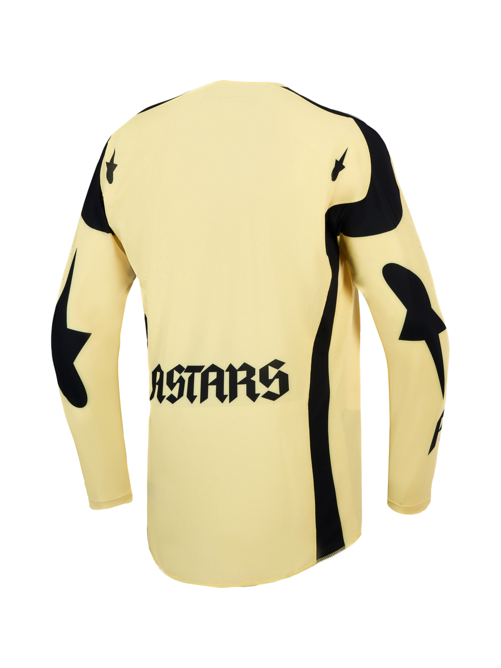 Alpinestars Techstar Atrox tröja, herr-motocrosströja, gul och svart, vy bakifrån med ASTARS-logotyp och laserperforeringar