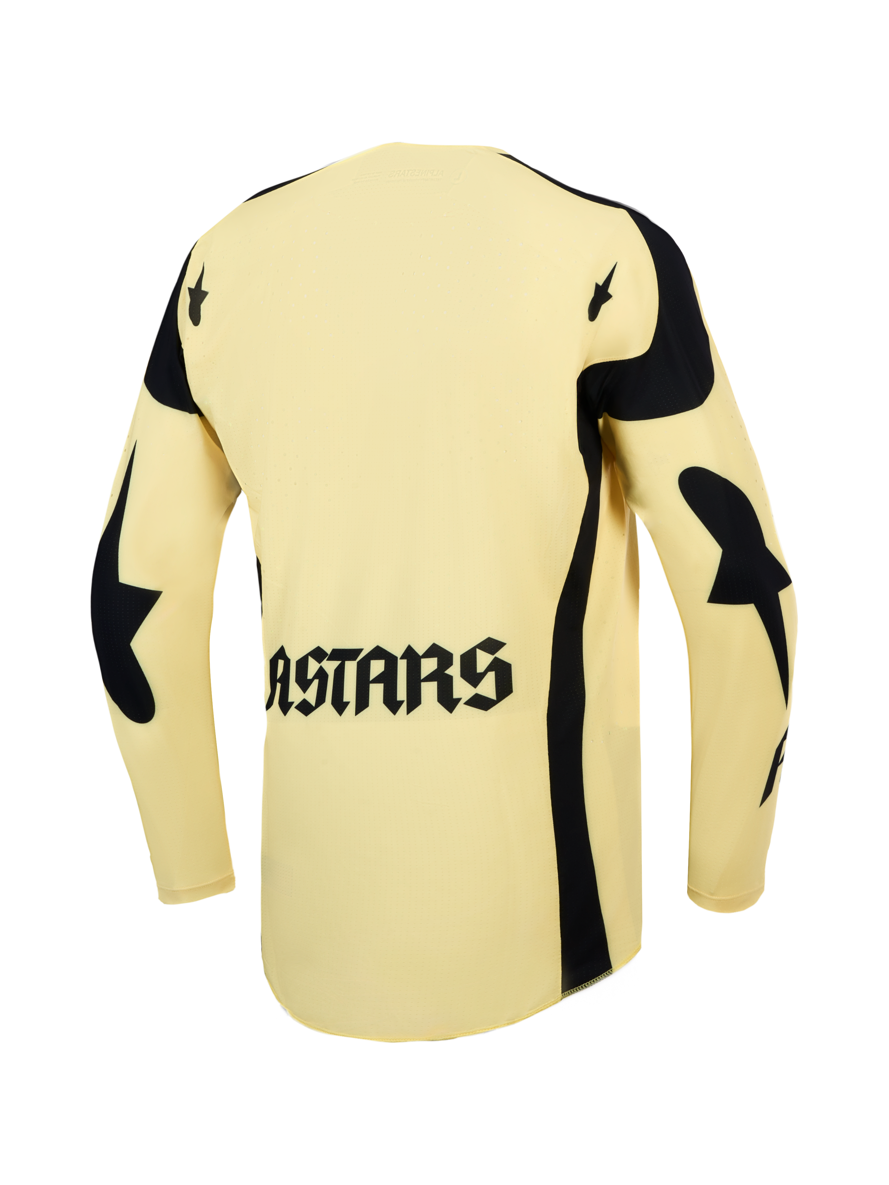 Alpinestars Techstar Atrox tröja, herr-motocrosströja, gul och svart, vy bakifrån med ASTARS-logotyp och laserperforeringar