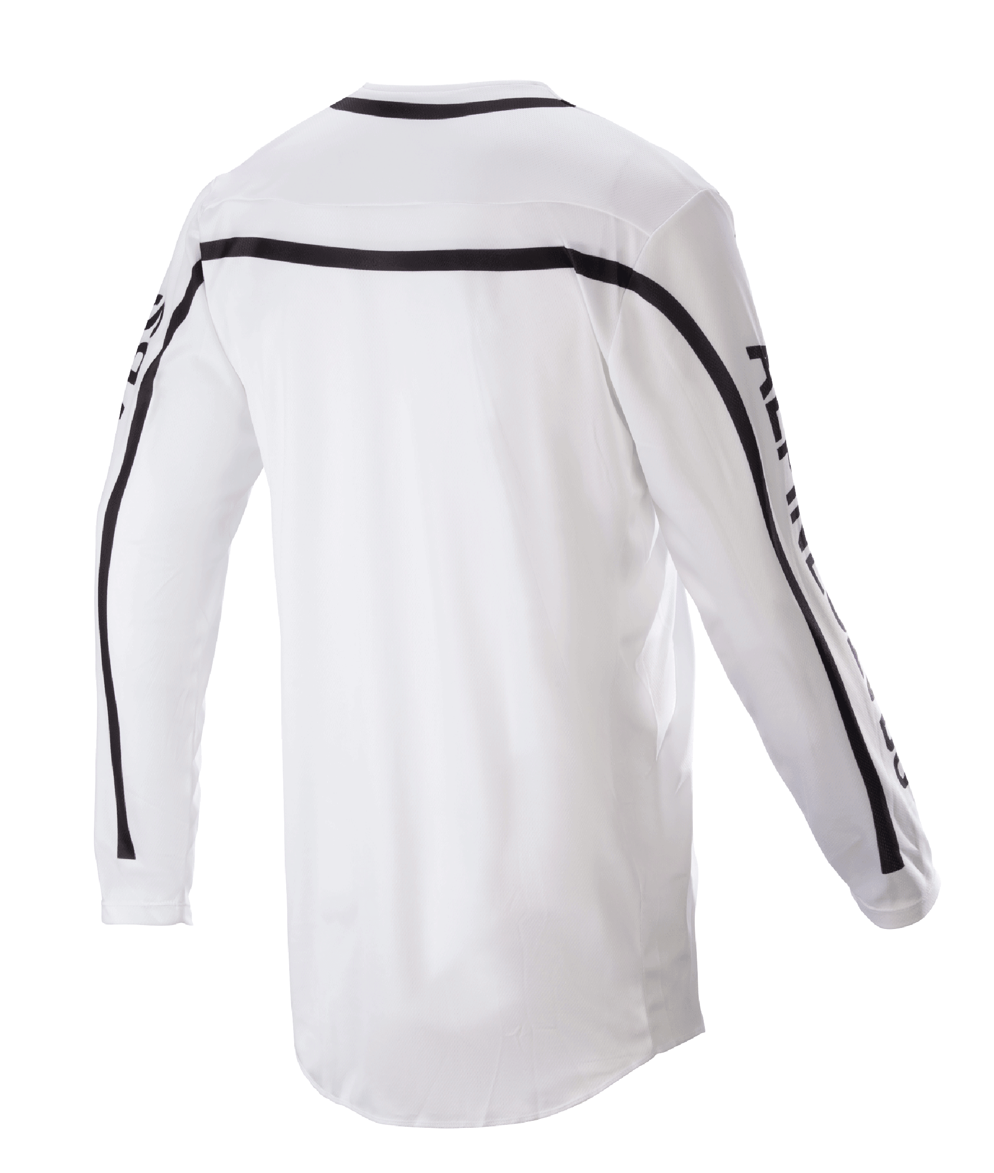 Alpinestars 2023 Racer Found Jersey, Motocross Jersey, White, Back view featuring black stripes across shoulders and sleeves, dropped tail hem for coverage, lightweight poly-fabric construction