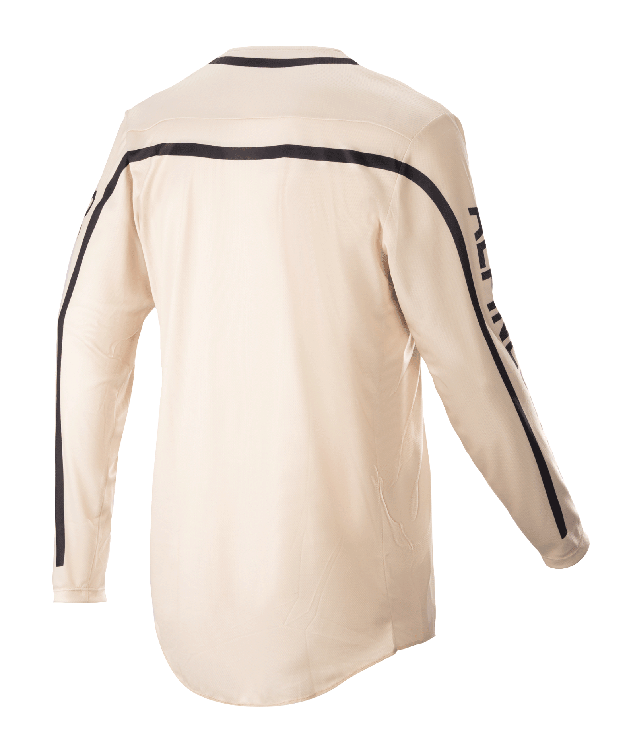 Alpinestars 2023 Racer Found Jersey, Motocross Jersey, Mountain (Tan), rear view, featuring black stripes across the shoulders and down the sleeves, ergonomic cut with a longer rear for riding coverage