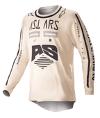 Alpinestars 2023 Racer Found Jersey, Motocross Jersey, Beige with black graphics, long sleeve off-road performance gear, featuring AS logo and branding on sleeves