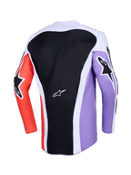 Alpinestars 2026 Racer Air Portl-tröja, baksida av långärmad motocrosströja, flerfärgad design med svart ryggpanel i mesh, lila och orangea ärmar med svarta stjärnlogotyper, vita detaljer och ventilerande konstruktion för terrängkörning.