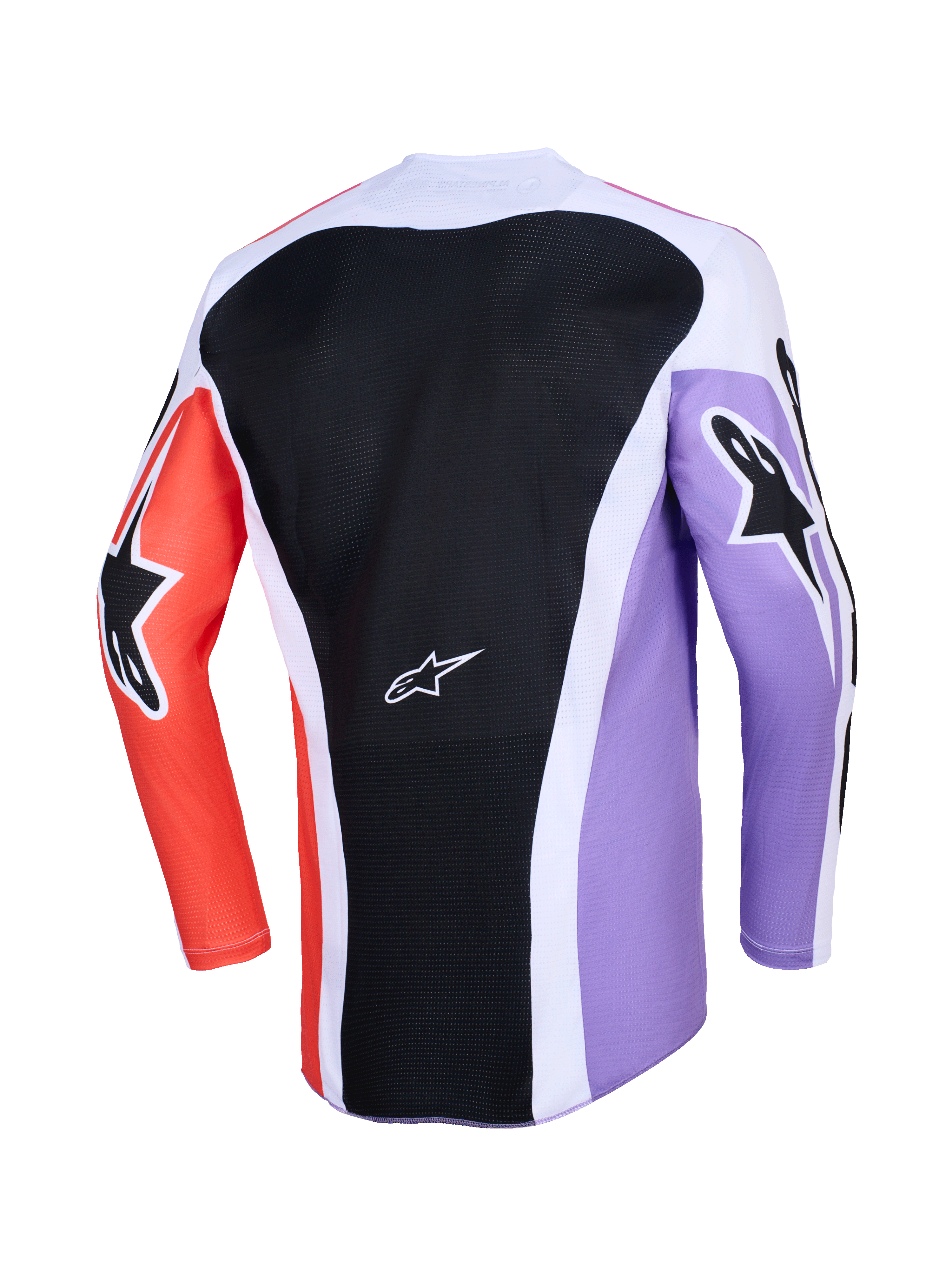Alpinestars 2026 Racer Air Portl-tröja, baksida av långärmad motocrosströja, flerfärgad design med svart ryggpanel i mesh, lila och orangea ärmar med svarta stjärnlogotyper, vita detaljer och ventilerande konstruktion för terrängkörning.