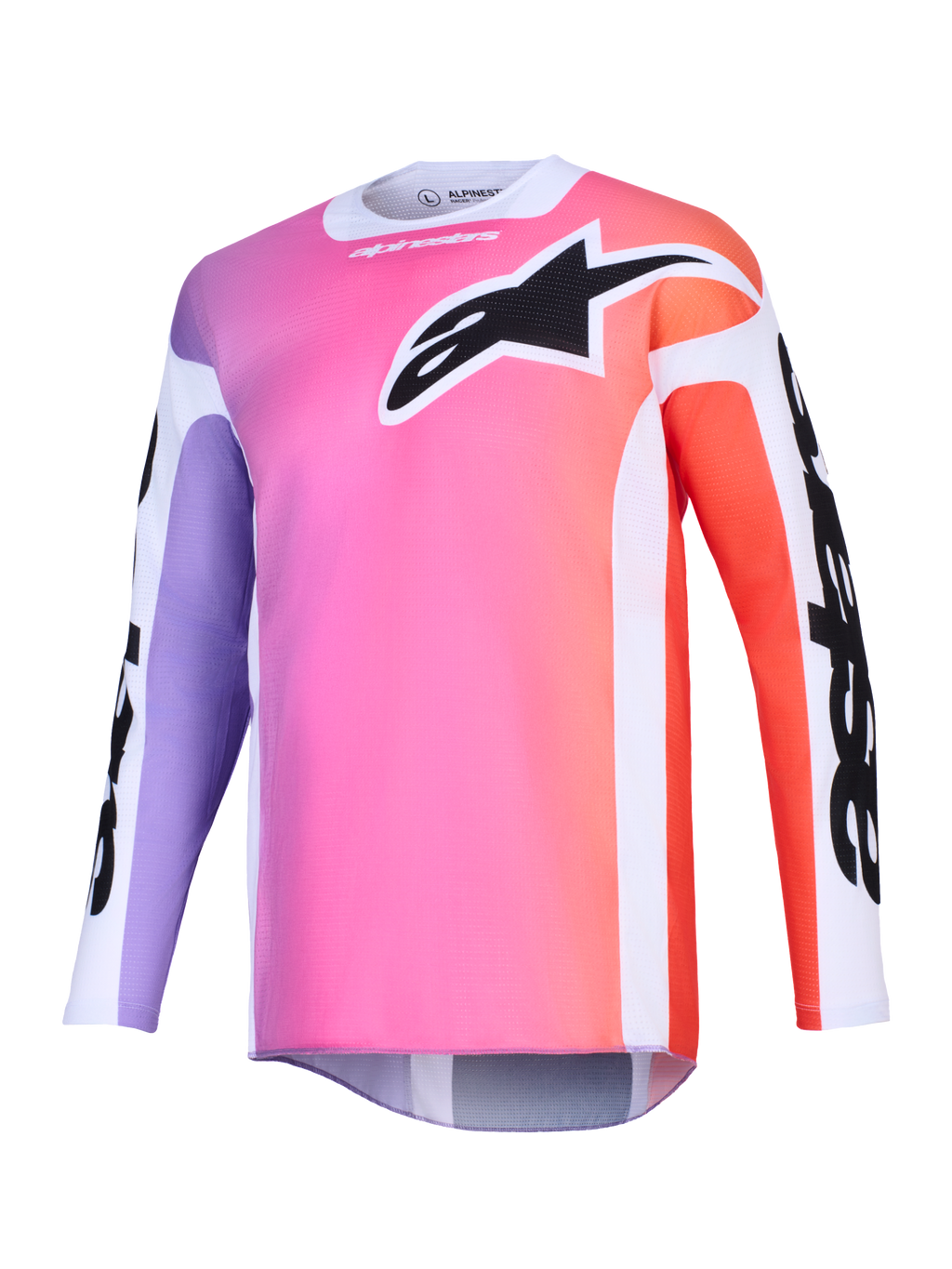 Alpinestars 2026 Racer Air Portl-tröja, motocrosströja, färgtoning i flera färger med rosa, lila och orange, stor svart Astars-logotyp på bröstet, vita sidopaneler, ventilerande meshtyg med långa ärmar och förlängt ryggparti.
