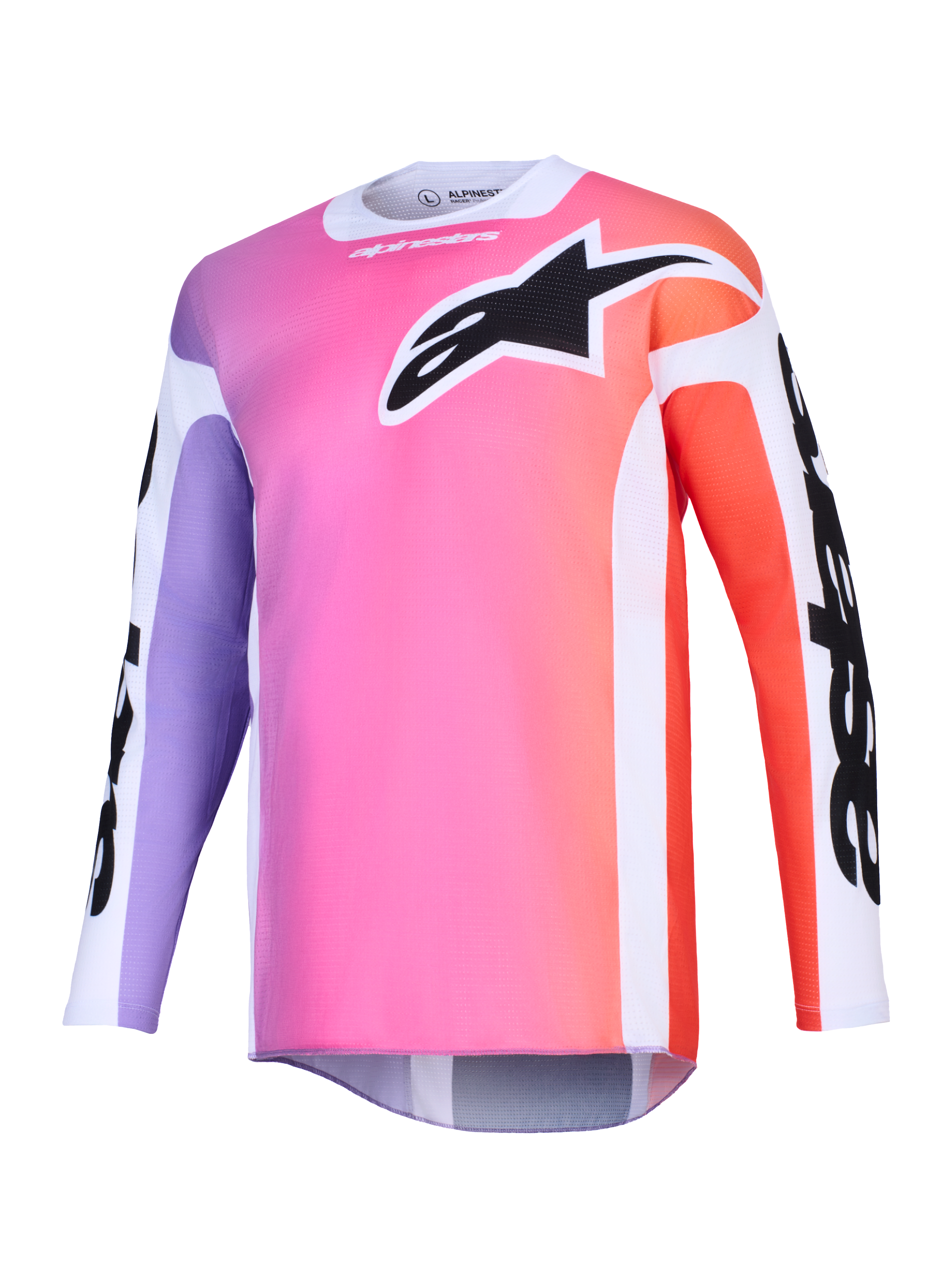 Alpinestars 2026 Racer Air Portl-tröja, motocrosströja, färgtoning i flera färger med rosa, lila och orange, stor svart Astars-logotyp på bröstet, vita sidopaneler, ventilerande meshtyg med långa ärmar och förlängt ryggparti.
