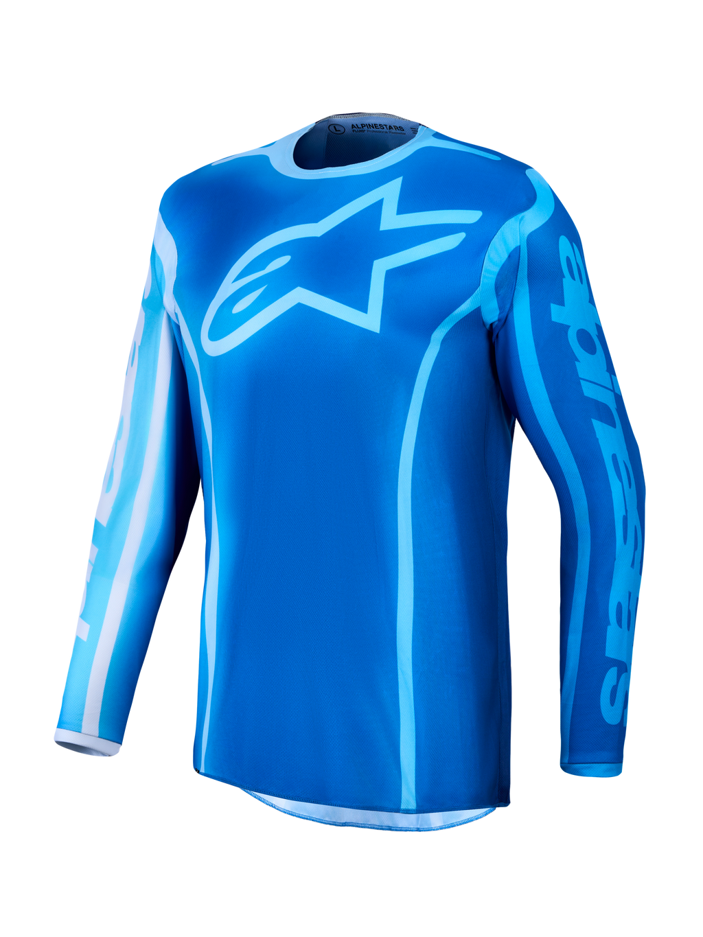 Alpinestars 2027 Fluid Kepler tröja, blå motocrosströja med fukttransporterande textil och en stor stjärnlogotyp på bröstet.