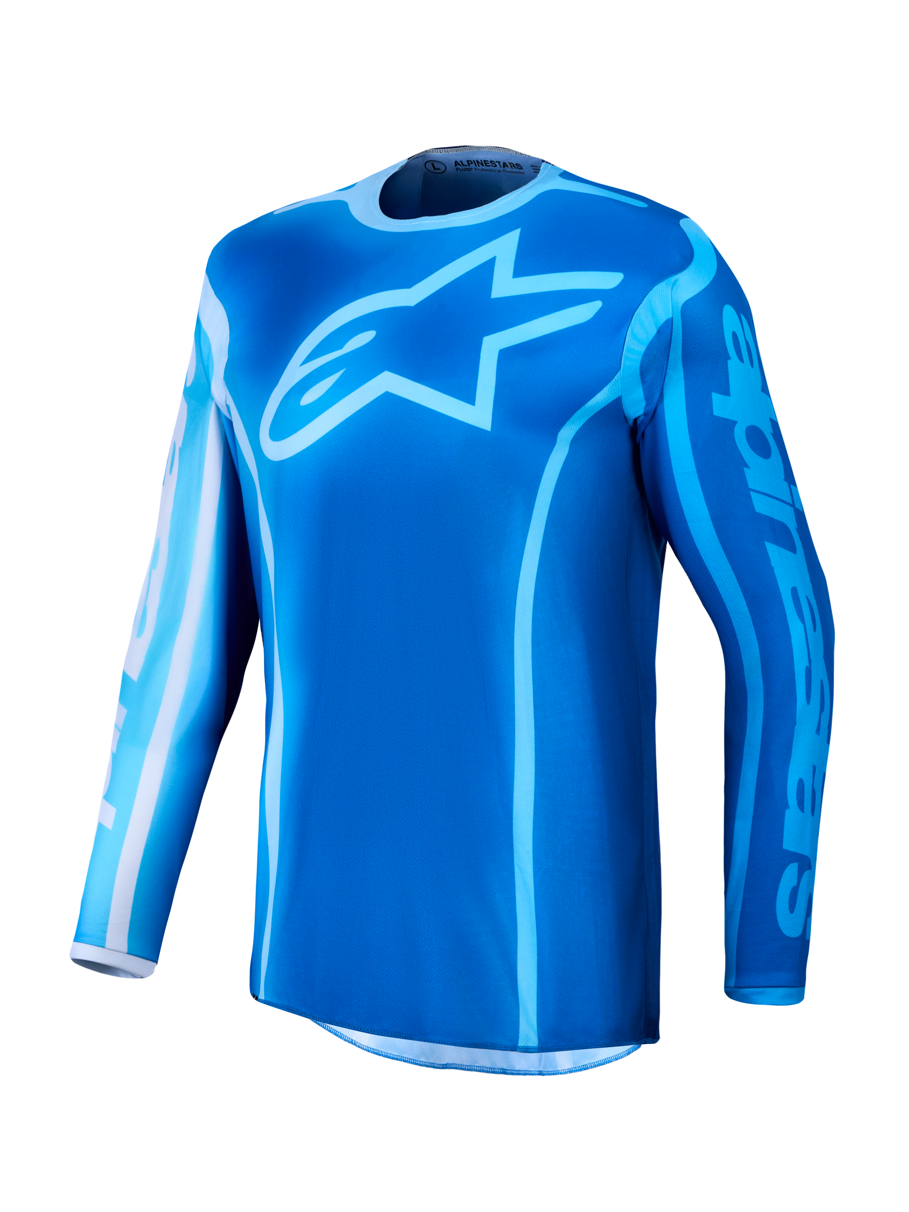 Alpinestars 2027 Fluid Kepler tröja, blå motocrosströja med fukttransporterande textil och en stor stjärnlogotyp på bröstet.