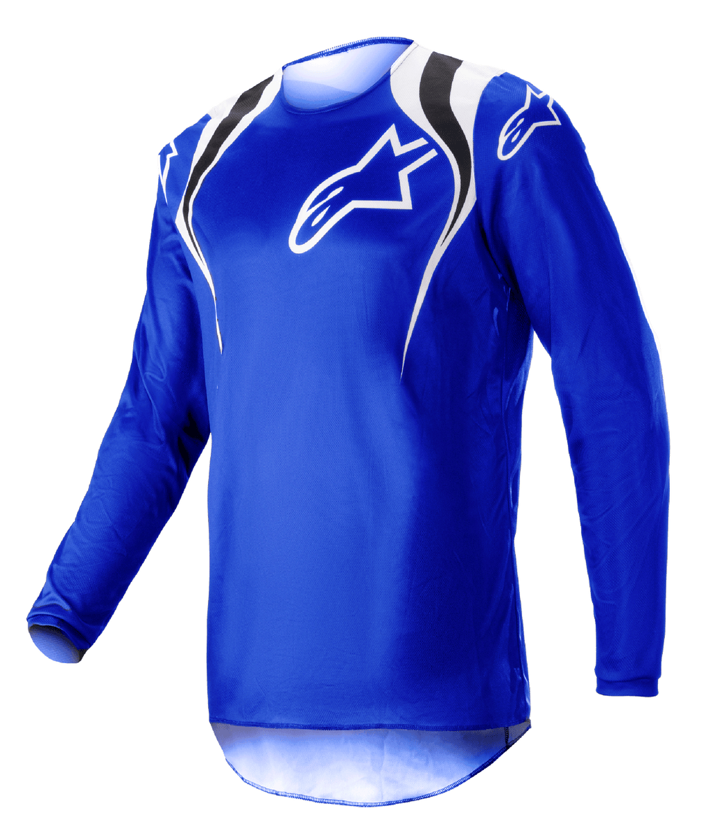 Alpinestars 2023 Fluid Narin Jersey, Motocross Jersey, Blue Ray White, featuring white and black shoulder accents and a white chest logo, lightweight long-sleeve design for off-road racing