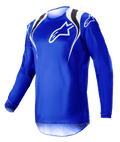 Alpinestars 2023 Fluid Narin Jersey, Motocross Jersey, Blue Ray White, featuring white and black shoulder accents and a white chest logo, lightweight long-sleeve design for off-road racing