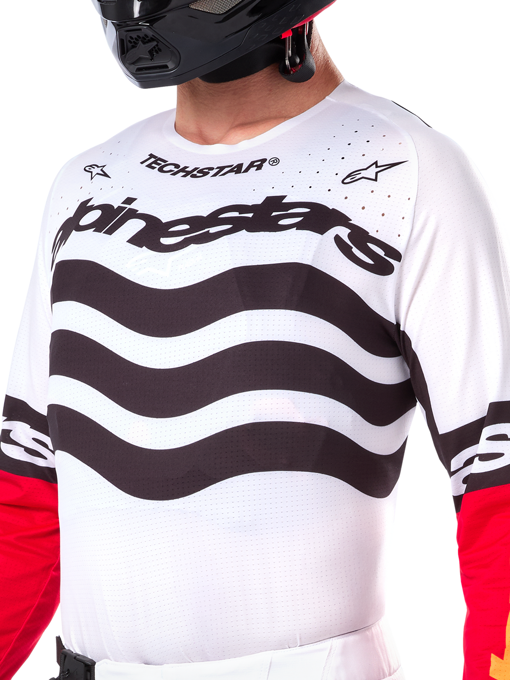 Alpinestars Limited Edition Techstar Deep-tröja, motocross-tröja, svart, vit och High Red, atletisk racingpassform med tekniska stretchpaneler, tydlig logotyp och laserskuren ventilation för terrängkörning