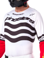 Alpinestars Limited Edition Techstar Deep-tröja, motocross-tröja, svart, vit och High Red, atletisk racingpassform med tekniska stretchpaneler, tydlig logotyp och laserskuren ventilation för terrängkörning