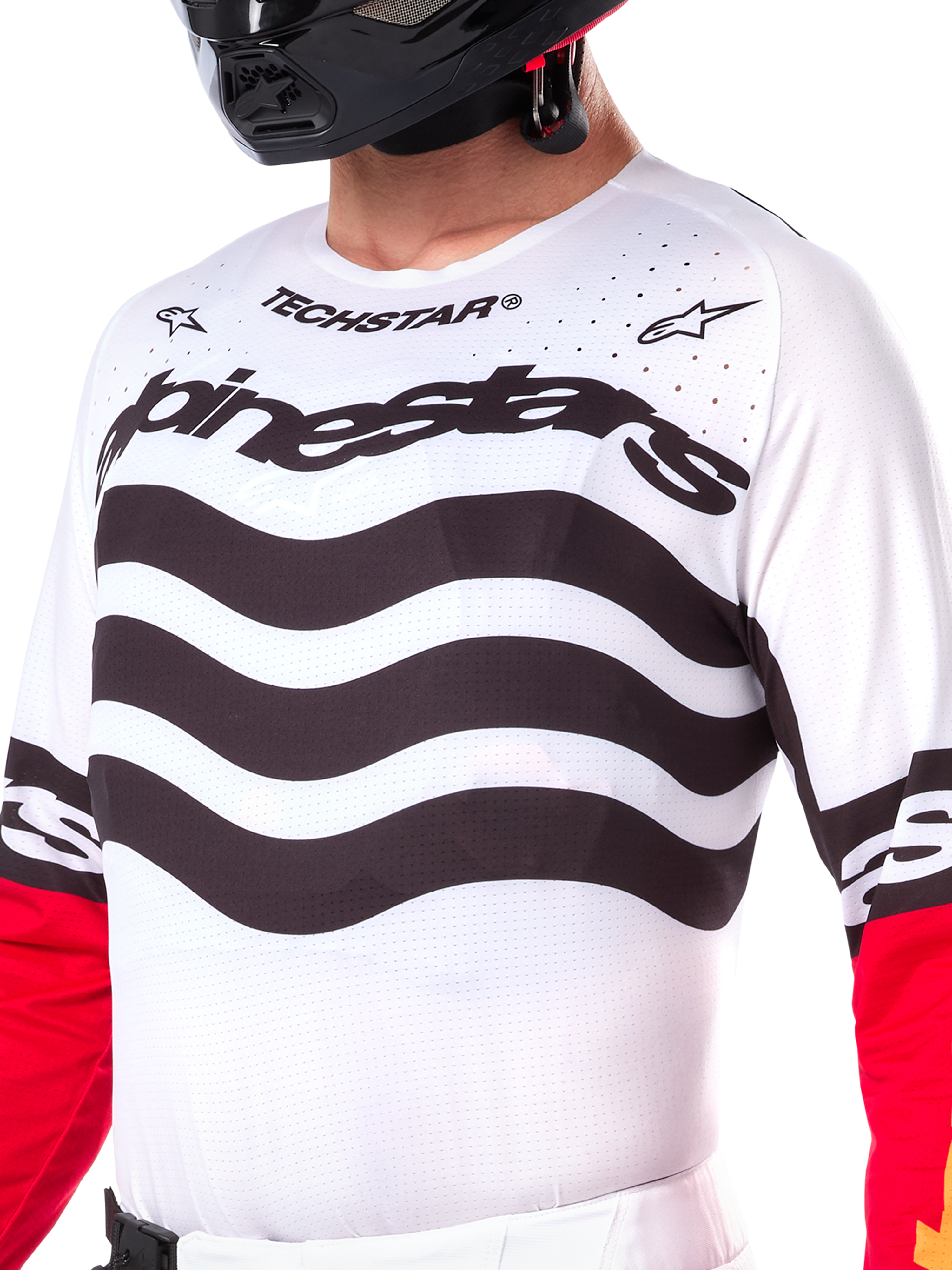Alpinestars Limited Edition Techstar Deep-tröja, motocross-tröja, svart, vit och High Red, atletisk racingpassform med tekniska stretchpaneler, tydlig logotyp och laserskuren ventilation för terrängkörning