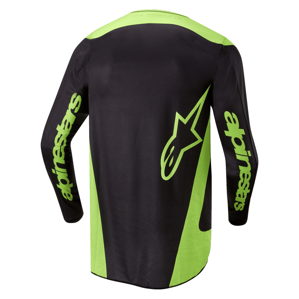 Alpinestars 2024 Fluid Lurv-tröja, motocross-tröja, svart och neongul, vy bakifrån med neongula sidopaneler, en stor stjärnlogotyp på nedre delen av ryggen och Alpinestars-logotyper på ärmarna