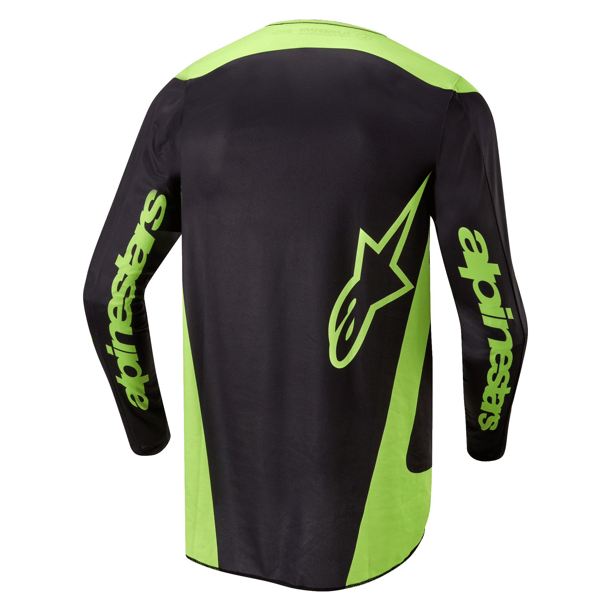 Alpinestars 2024 Fluid Lurv-tröja, motocross-tröja, svart och neongul, vy bakifrån med neongula sidopaneler, en stor stjärnlogotyp på nedre delen av ryggen och Alpinestars-logotyper på ärmarna