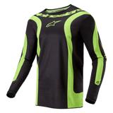 Alpinestars 2024 Fluid Lurv Jersey, motocrosströja, svart och neongul, med framträdande böjda neongula paneler, Alpinestars-logotyp på bröstet och ordmärke runt kragen, atletisk sportpassform för terrängkörning