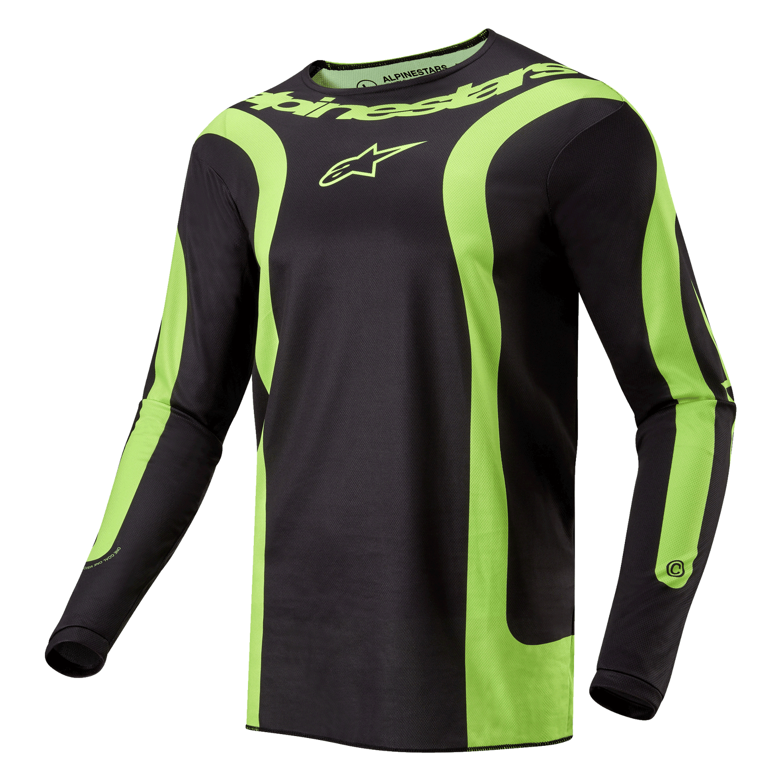 Alpinestars 2024 Fluid Lurv Jersey, motocrosströja, svart och neongul, med framträdande böjda neongula paneler, Alpinestars-logotyp på bröstet och ordmärke runt kragen, atletisk sportpassform för terrängkörning