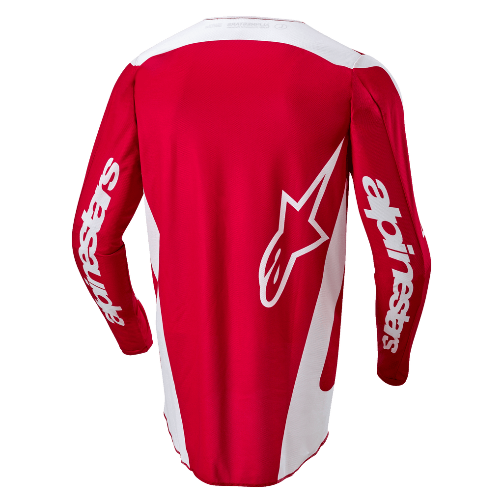Alpinestars 2024 Fluid Lurv-tröja, motocrosströja, Mars Red och vit, baksida med en stor vit stjärnlogotyp på ryggen, vita sidopaneler och logotyper på ärmarna