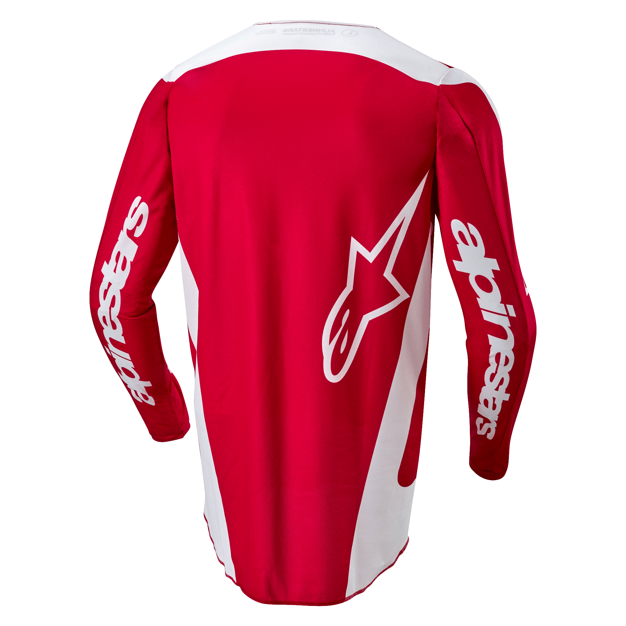 Alpinestars 2024 Fluid Lurv-tröja, motocrosströja, Mars Red och vit, baksida med en stor vit stjärnlogotyp på ryggen, vita sidopaneler och logotyper på ärmarna