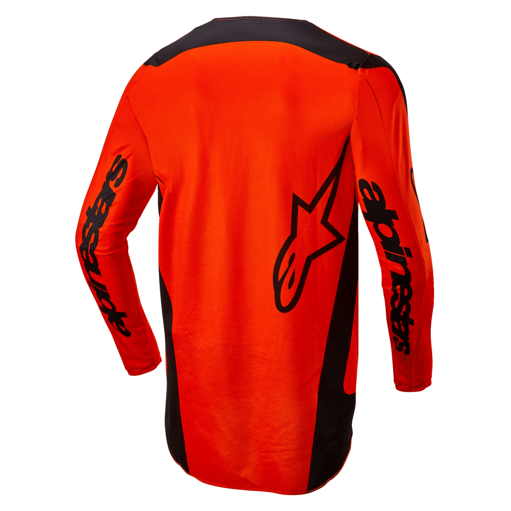 Alpinestars 2024 Fluid Lurv-tröja, motocrosströja, orange och svart, baksida som visar en stor svart stjärnlogotyp och Alpinestars-logotyper på ärmarna, förlängt ryggparti för bättre täckning, lättviktigt poly-material för terrängkörning
