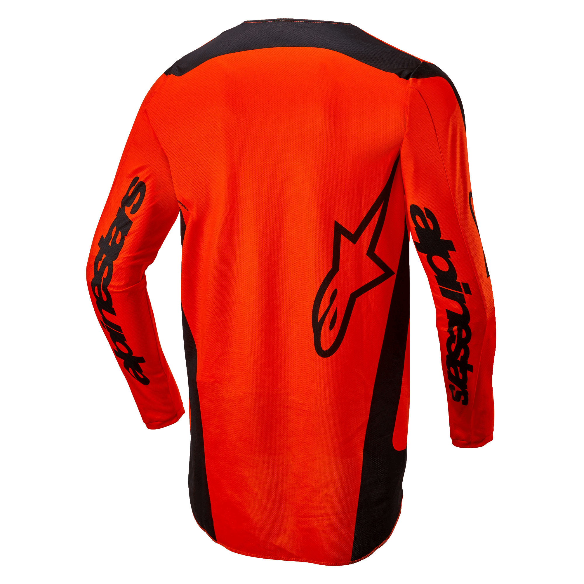 Alpinestars 2024 Fluid Lurv-tröja, motocrosströja, orange och svart, baksida som visar en stor svart stjärnlogotyp och Alpinestars-logotyper på ärmarna, förlängt ryggparti för bättre täckning, lättviktigt poly-material för terrängkörning