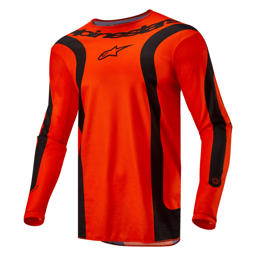 Alpinestars 2024 Fluid Lurv tröja, motocrosströja, Hot Orange och svart, långa ärmar med svarta svängda paneler, svart Alpinestars-logotyp på bröstet och märkning vid halsen, atletisk sportpassform för terrängkörning
