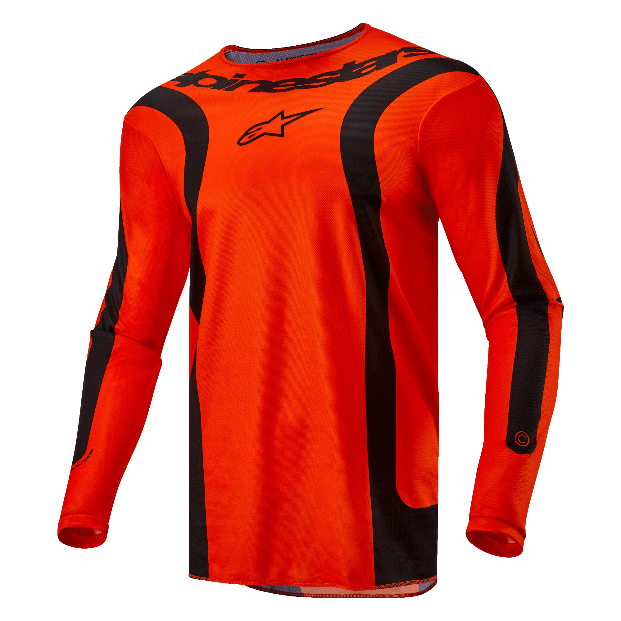 Alpinestars 2024 Fluid Lurv tröja, motocrosströja, Hot Orange och svart, långa ärmar med svarta svängda paneler, svart Alpinestars-logotyp på bröstet och märkning vid halsen, atletisk sportpassform för terrängkörning