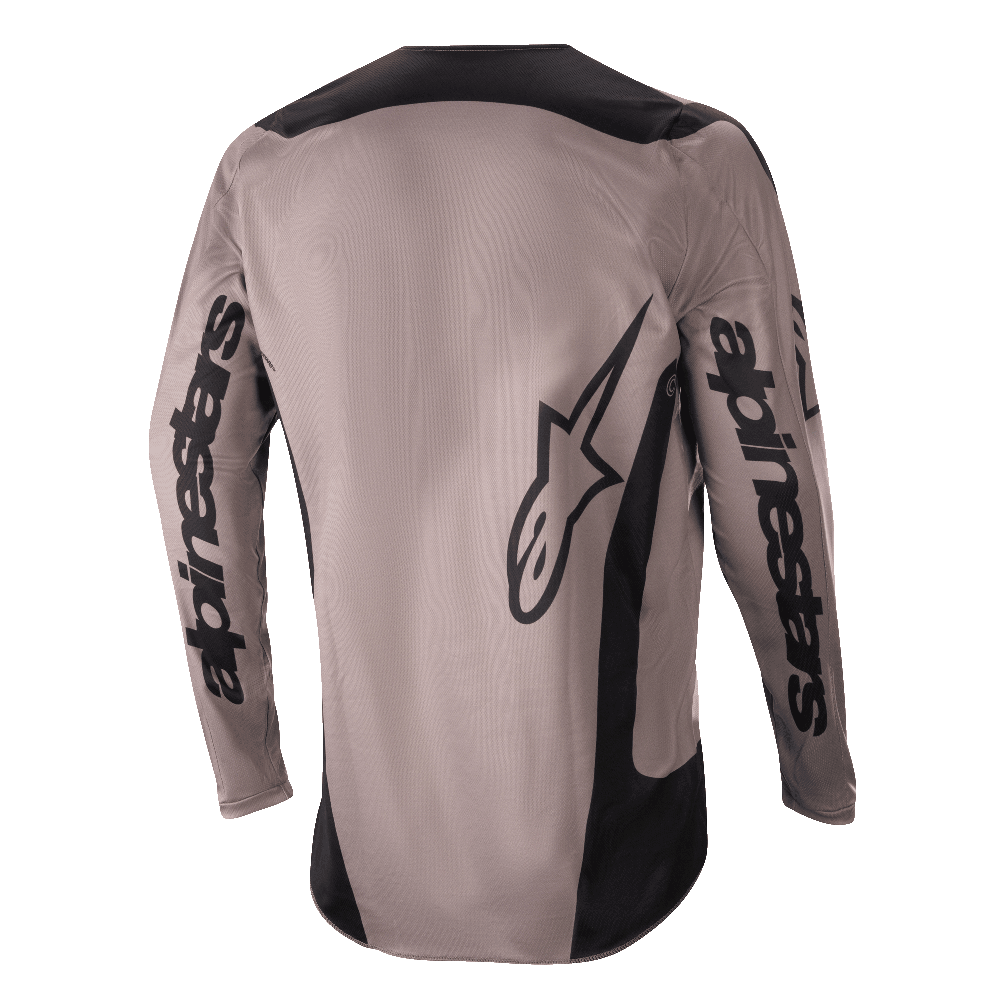 Alpinestars 2024 Fluid Lurv tröja, motocrosströja, Mud Black, vy bakifrån som visar stora Alpinestars-logotyper på ärmarna och nedre ryggen, svarta paneler på axlar och sidor, prestandautrustning för terrängkörning
