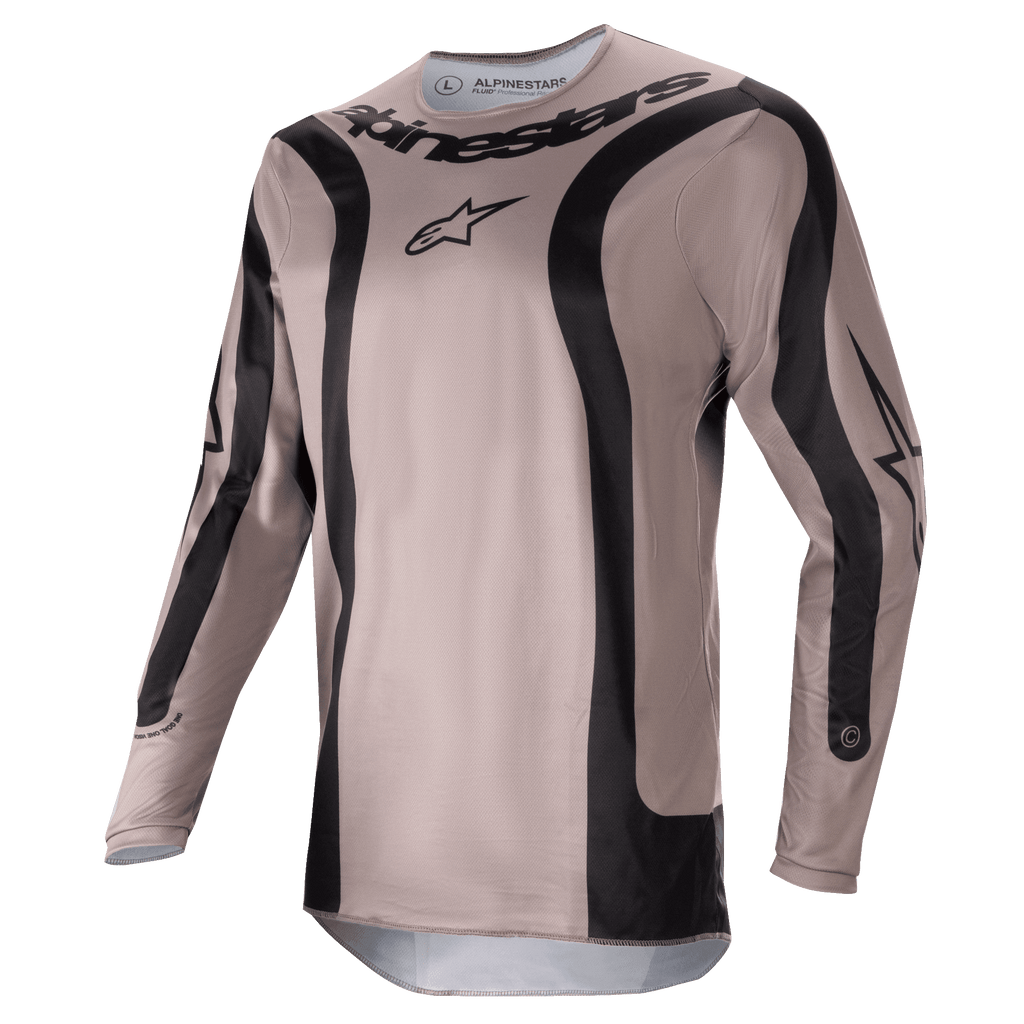 Alpinestars 2024 Fluid Lurv-tröja, motocrosströja, Mud Black, med svarta böjda grafikpaneler och central Alpinestars-logotyp, lätt och andningsbart poly-material för prestanda vid terrängkörning