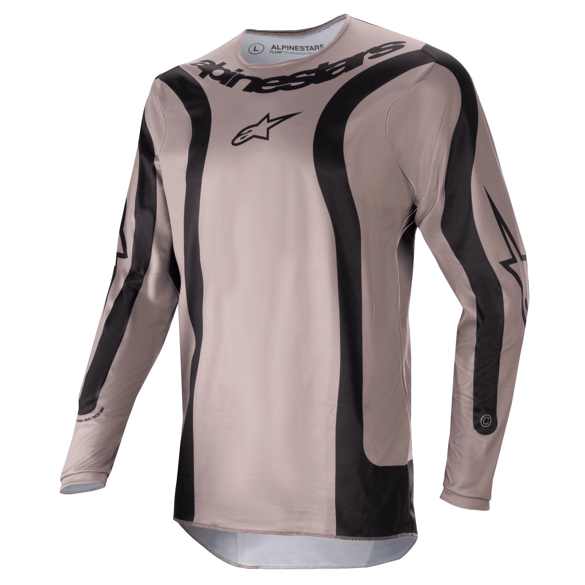 Alpinestars 2024 Fluid Lurv-tröja, motocrosströja, Mud Black, med svarta böjda grafikpaneler och central Alpinestars-logotyp, lätt och andningsbart poly-material för prestanda vid terrängkörning