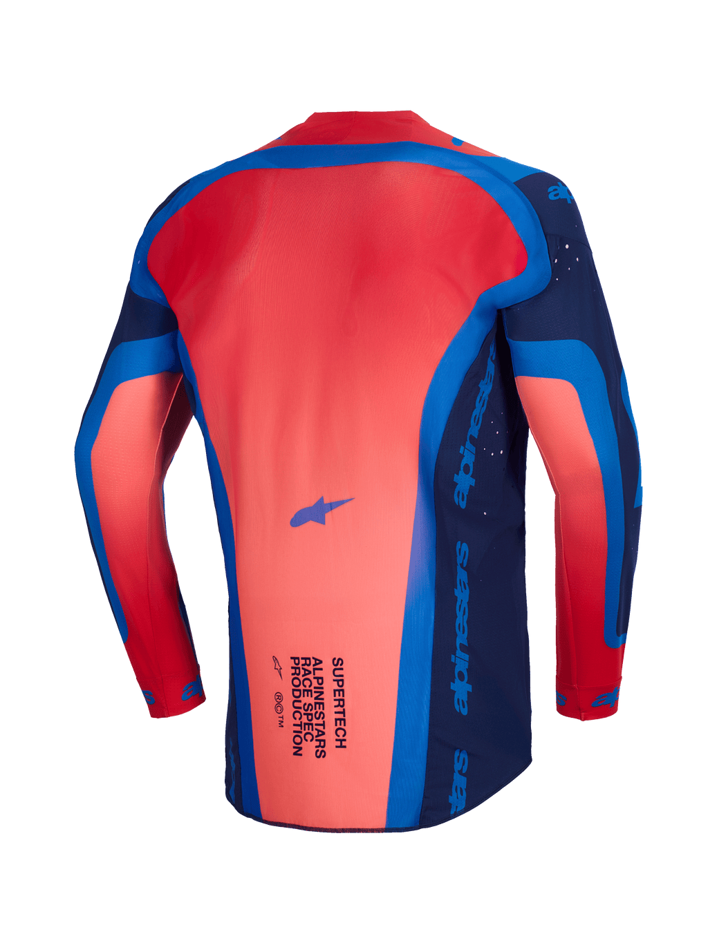 Alpinestars 2026 Supertech Vista Jersey, motocrosströja, mörkblå, Hot Coral och koboltblå, baksida som visar den förlängda ryggprofilen och lättviktskonstruktion i mesh