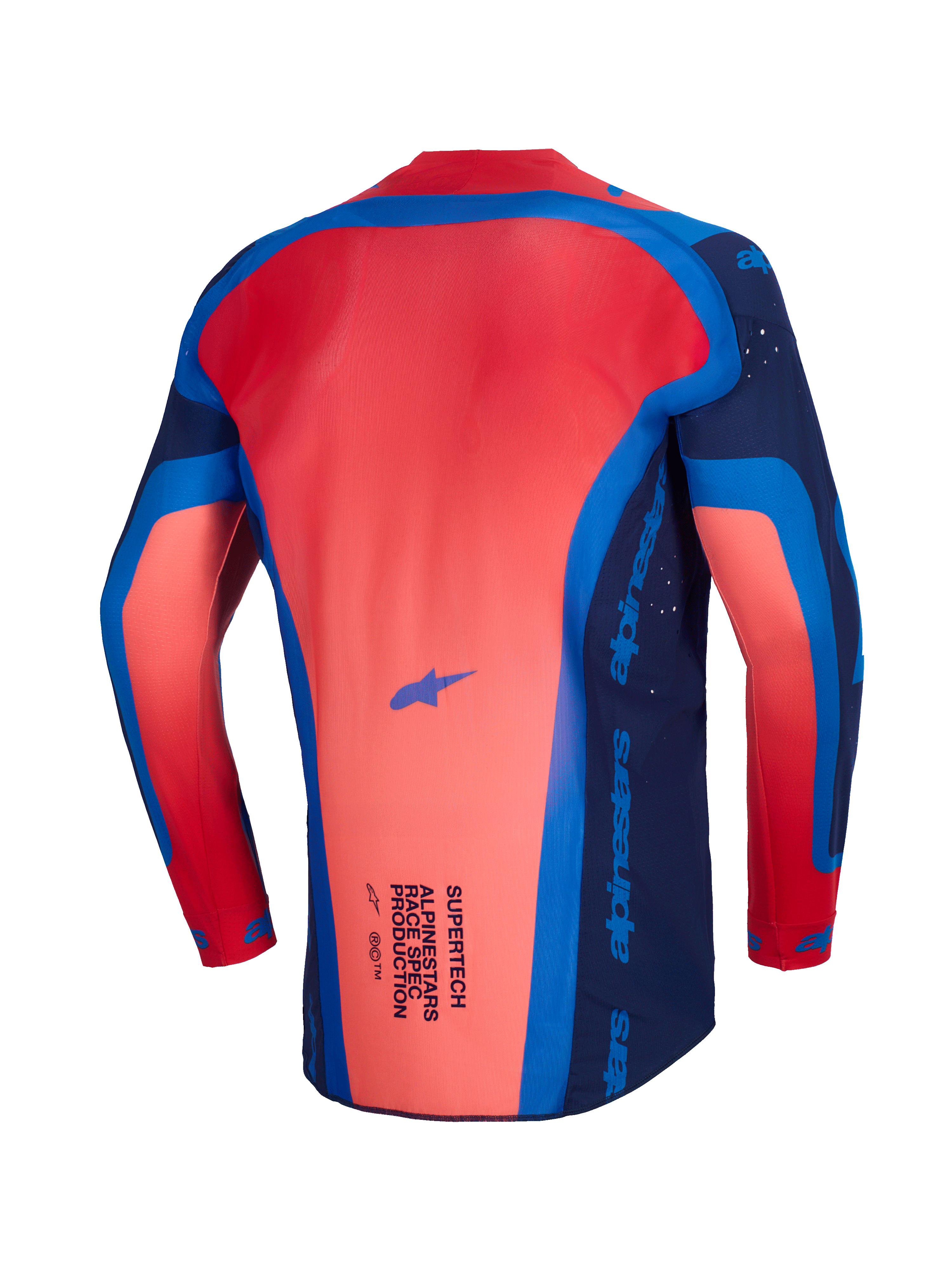 Alpinestars 2026 Supertech Vista Jersey, motocrosströja, mörkblå, Hot Coral och koboltblå, baksida som visar den förlängda ryggprofilen och lättviktskonstruktion i mesh